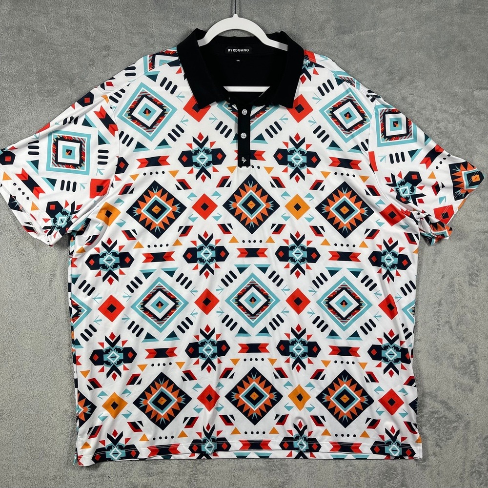 Byrdgang Polo Shirt Mens 4XL White Aztec Geometric Print Golf Short‎ Sleeve